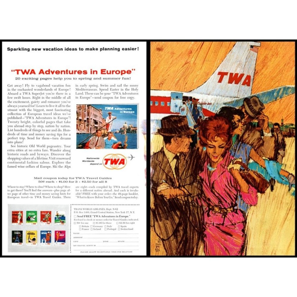 1962 TWA Adventures in Europe 2 Page Vintage Print Ad Travel Guide Wall Art